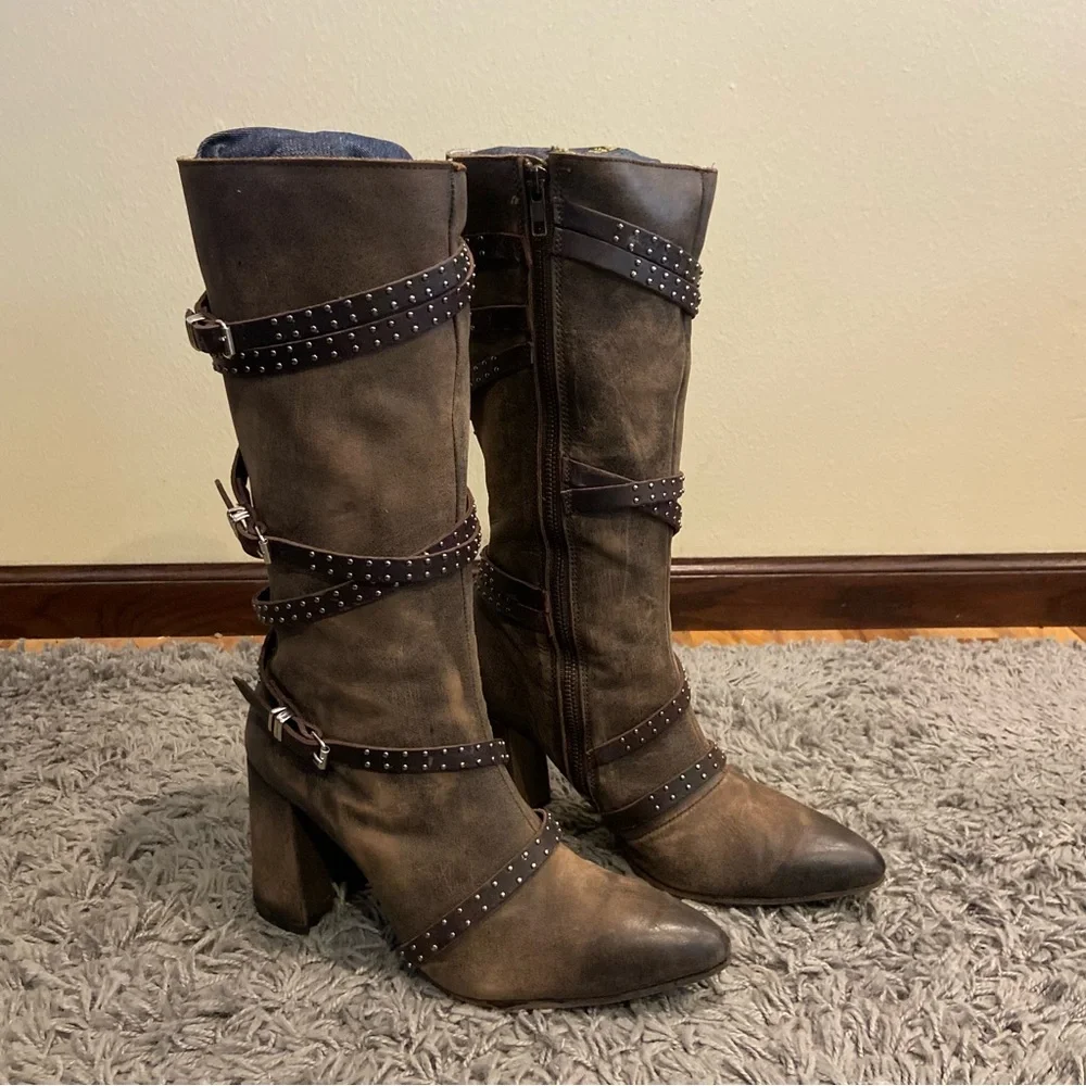 Freebird JAX Strappy Tall Distressed Leather Riding Boots Size 10 - Picture 9 of 16